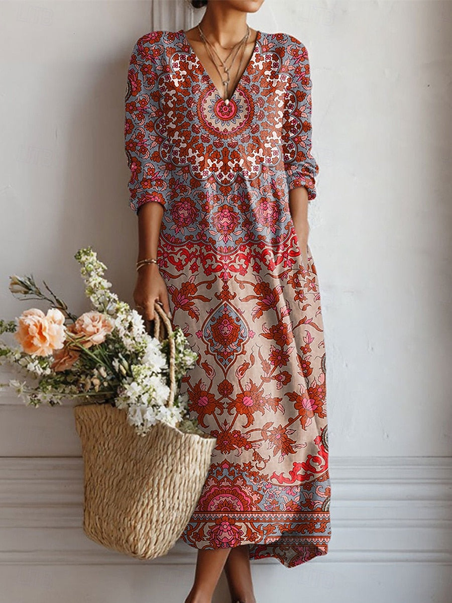 Zoe | Vestido Linon de estilo bohemio con estampado vintage